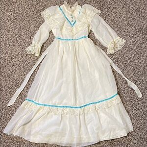 Vintage White and Blue Ruffled Tiered Bridal Gown